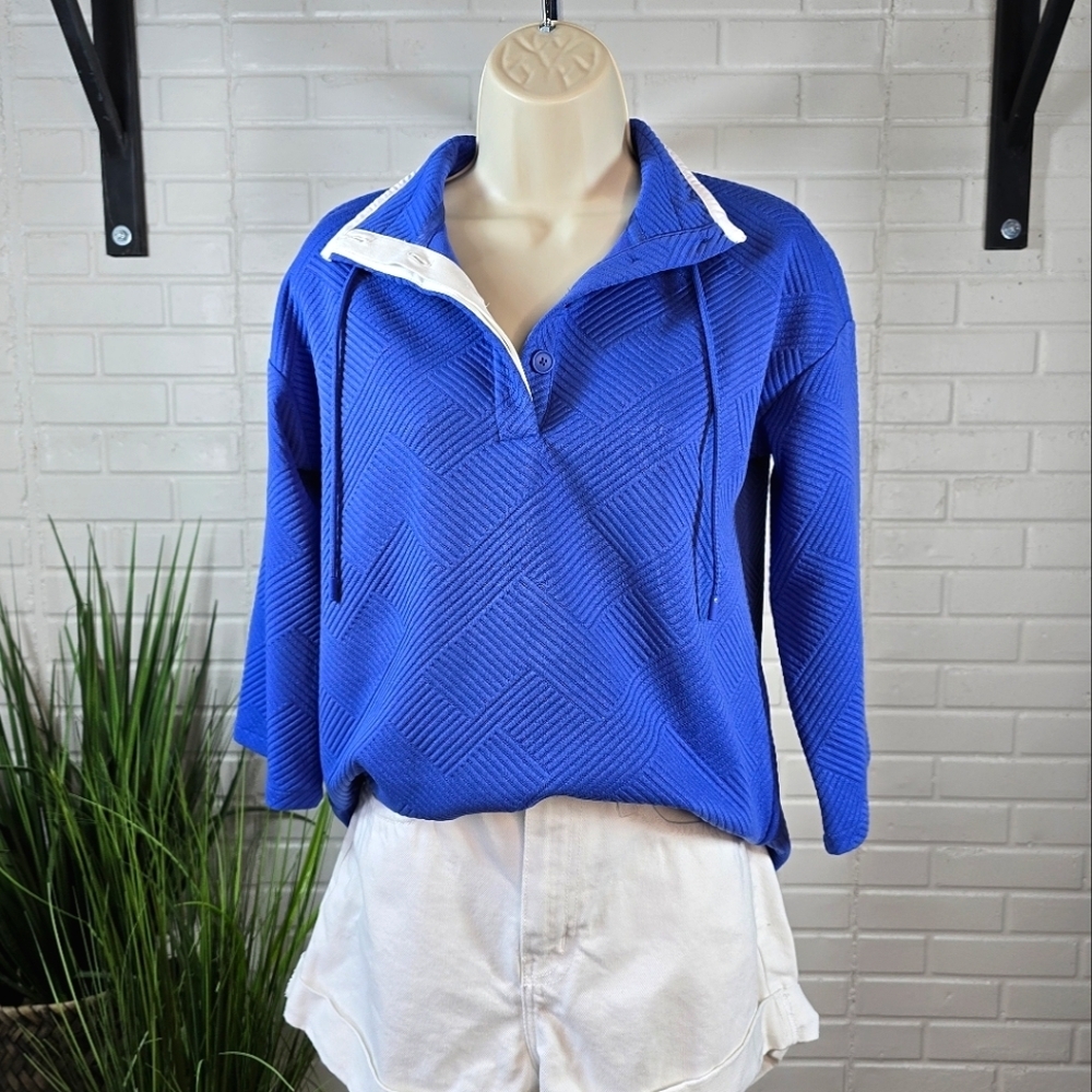 Talbots Royal Blue Textured Quarter-Zip Hoodie